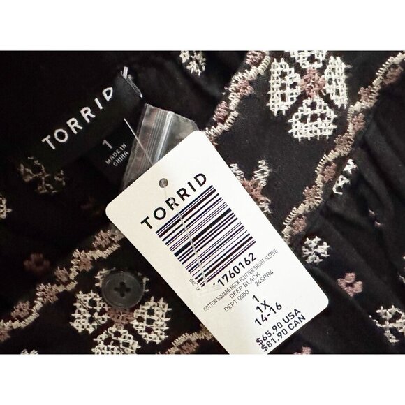 TORRID Embroidered Square Neck Flutter Sleeve Boho Top Sz 1X NEW NWT - Picture 7 of 8